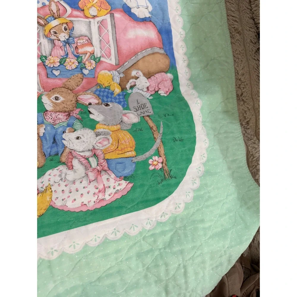 Vintage Mother Goose Nursery Rhyme Baby Quilt Blanket Reversible Mint Green Blue